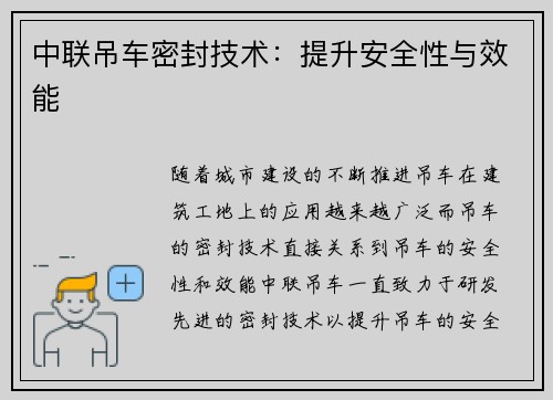 中联吊车密封技术：提升安全性与效能